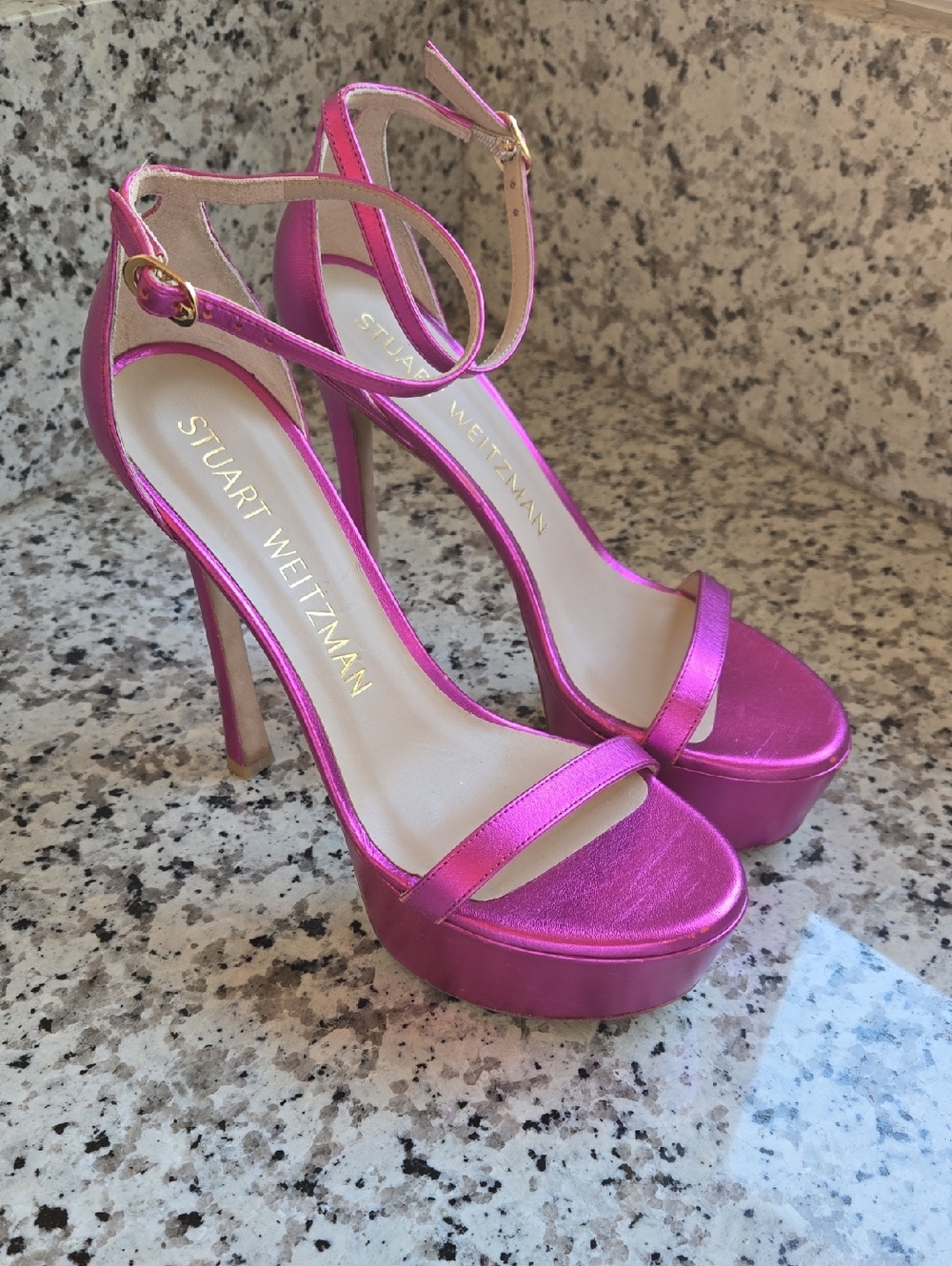 Stuart Weitzman Metallic Fuchsia Nudist Curve Holywood Platform Sandals